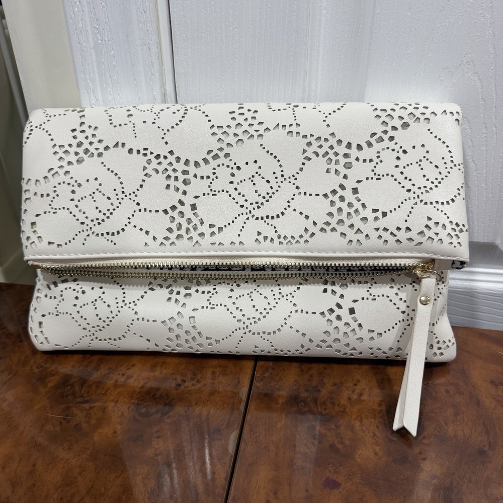 Urban Expressions Clutch Crossbody Bag Purse Fold Over Gold Chain Laser Floral